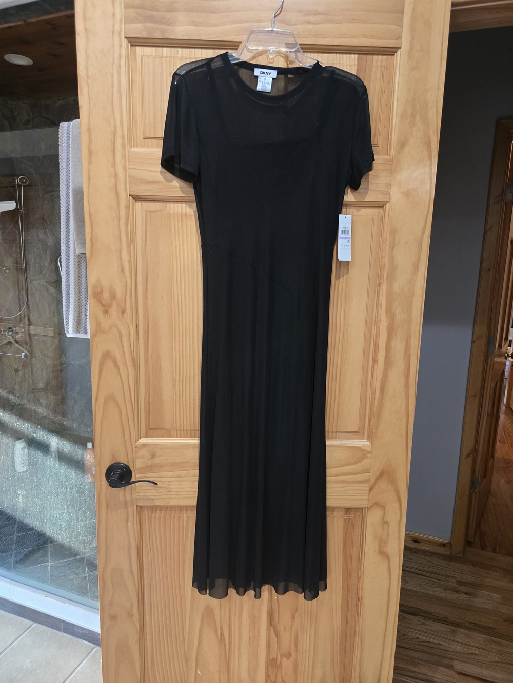 DKNY Black Short-Sleeve Maxi Dress with Sheer Yoke